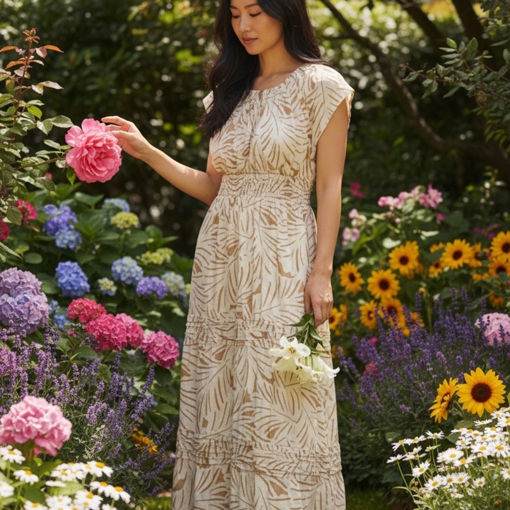 Nicole Miller Beige Leaf Pattern Maxi Dress‎